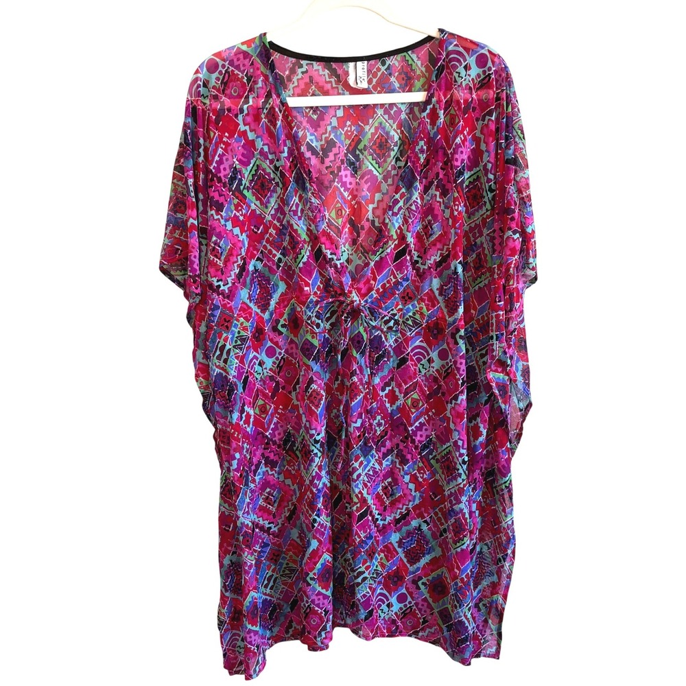 Profile by Gottex Pink Geometric Sheer Caftan Swim Cover Up One Size